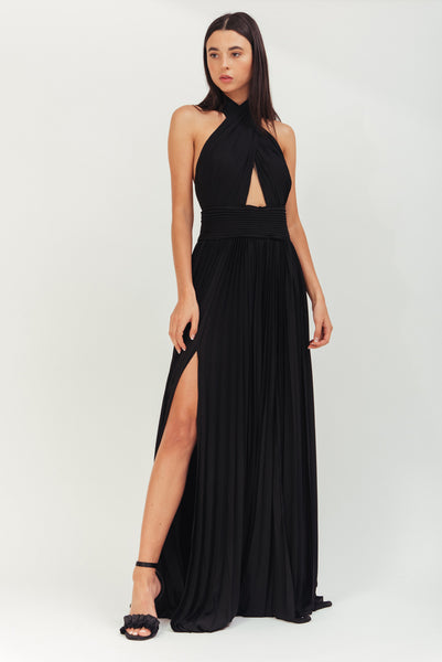 BLACK LONG CREPE PLISSE DRESS WITH X IN FRONT AND