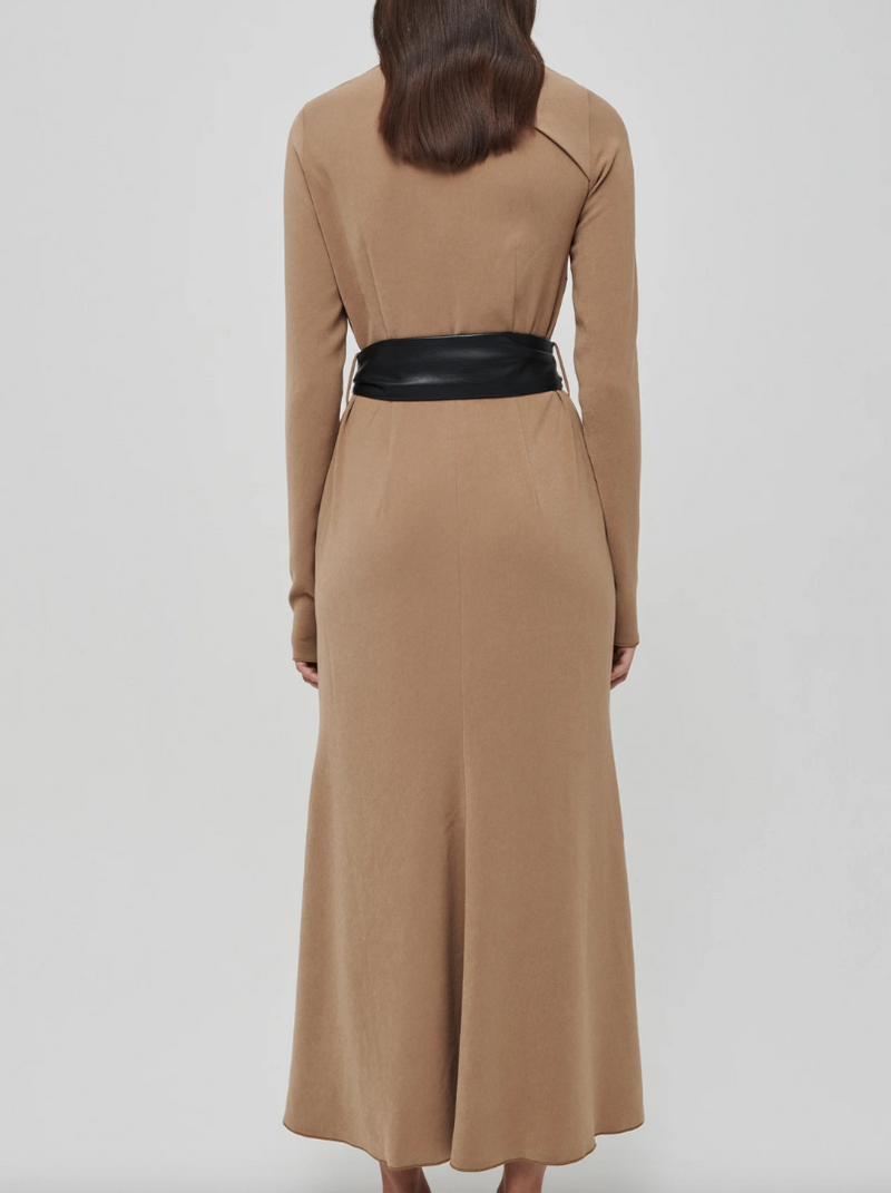 KHAKI CLEMENT ASYMMETRIC BELTED LONG DRESS AUGUST REIGN